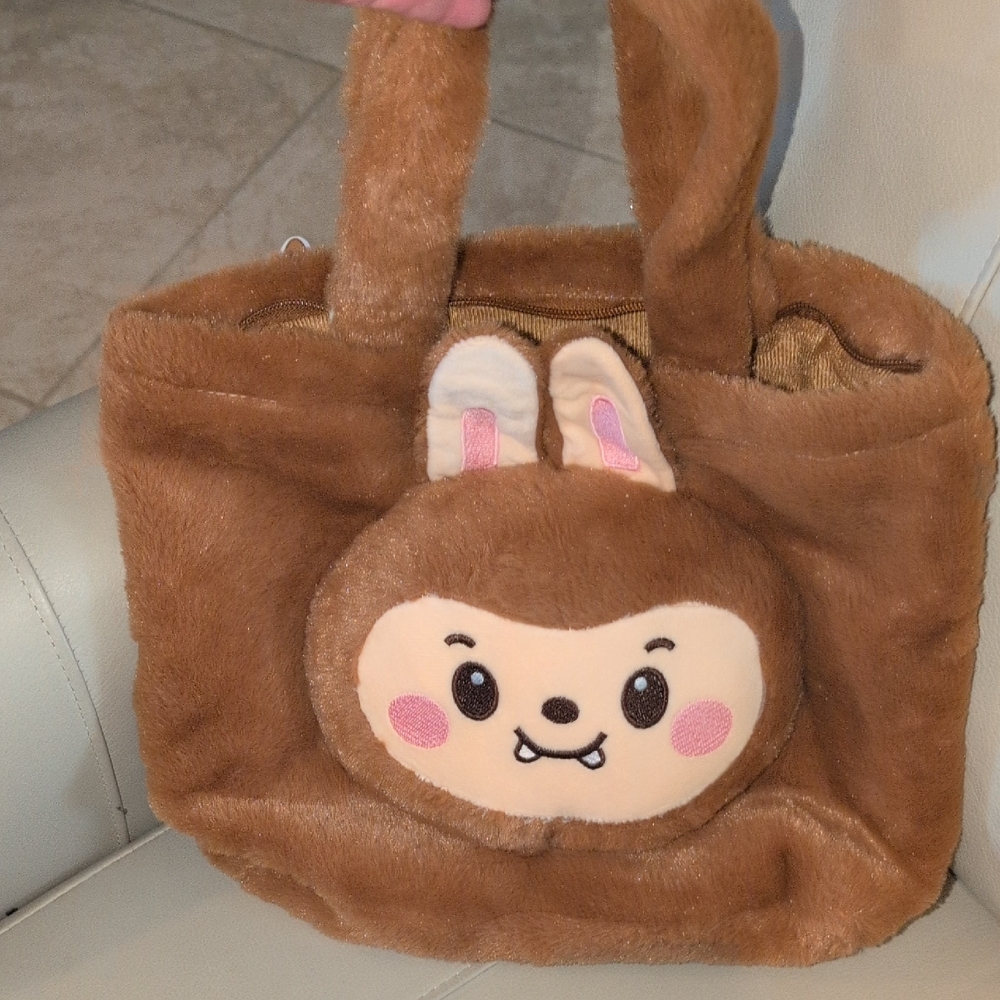 Brown Plush Tote Bag with labubu Type Characterl Design